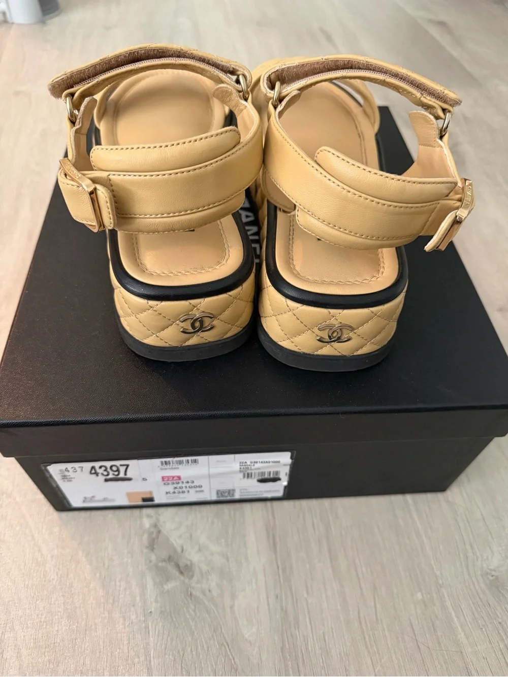 Chanel Beige/black Quilted Women's Sandals with Ankle Strap